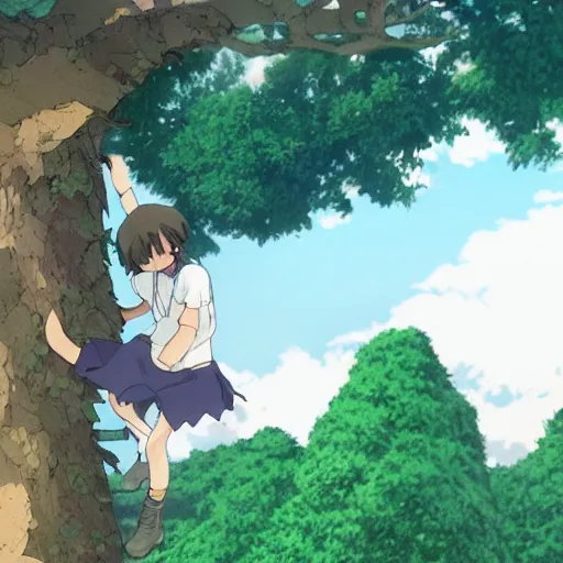 Image similar to gabriel boric over a tree made by studio ghibli, realistic anime coloring and lighting, detail, high quality, beautiful and magic scene, smooth