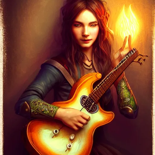 Image similar to Bard rocking out with a guitar in a medieval pub, female, fantasy, arcane glow, druidic runes, dramatic, intricate, sly smile, human face, fox ears, elegant, highly detailed, digital painting, artstation, concept art, smooth, sharp focus, illustration, octane render, art by Leesha Hannigan, Ross Tran, Thierry Doizon, Kai Carpenter, Ignacio Fernández Ríos