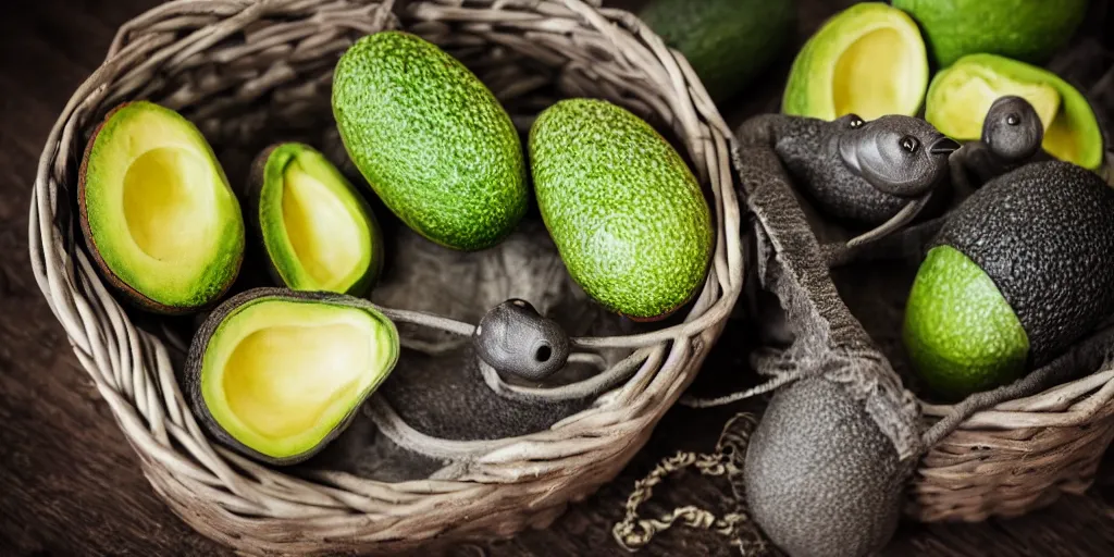 Prompt: plague doctor in an avacado, cinematic photography, with avacados with eyes, in a basket, photography