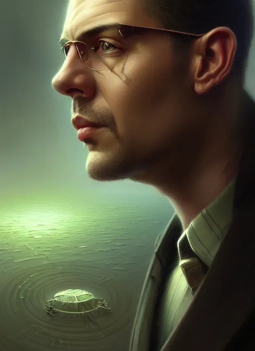 Image similar to closeup portrait shot of a male private detective in a scenic cyberpunk environment, intricate, elegant, highly detailed, centered, digital painting, artstation, concept art, smooth, sharp focus, illustration, artgerm, tomasz alen kopera, peter mohrbacher, donato giancola, joseph christian leyendecker, wlop, boris vallejo