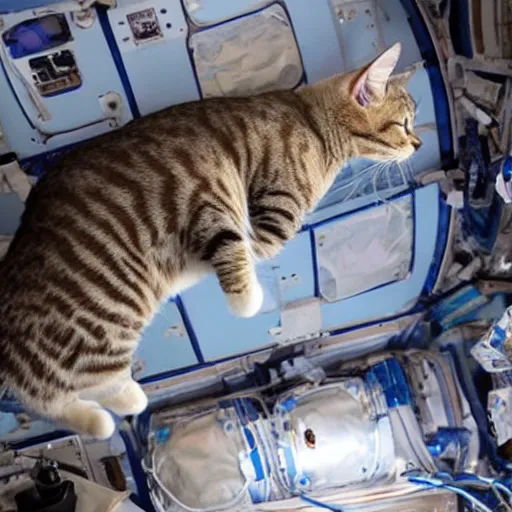 Prompt: Photo of cats floating inside the ISS