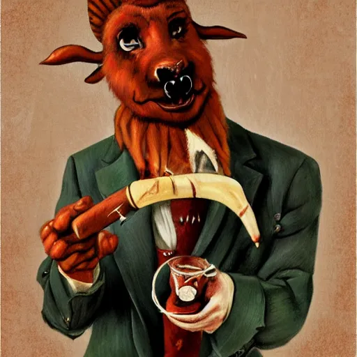 Image similar to award winning character art commission of an anthro furry humanoid goat smoking a cigar, three piece suit, in the style of norman rockwell,