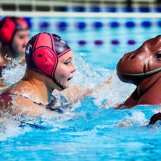 Prompt: hippopotamuses playing water polo against people. sports photograph.