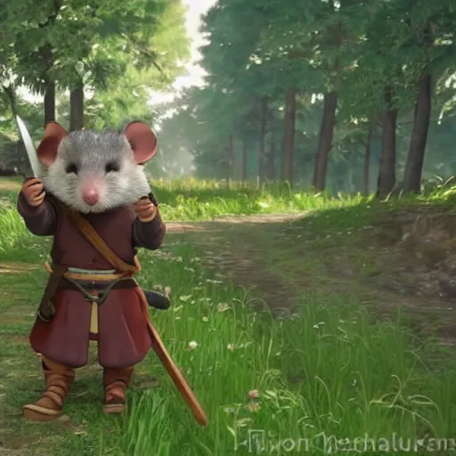 Image similar to an anthropomorphic rat dressed in medieval clothing, walking through a lush forest, studio Ghibli, kingdom come deliverance