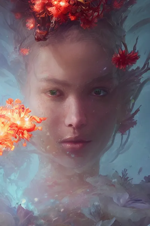 Image similar to face closeup of beautiful girl exploding into coral reef and fire, 3 d render, hyper realistic detailed portrait, holding magic flowers, ruan jia, wlop. scifi, fantasy, hyper detailed, octane render, concept art, by peter mohrbacher, by wlop, by ruan jia