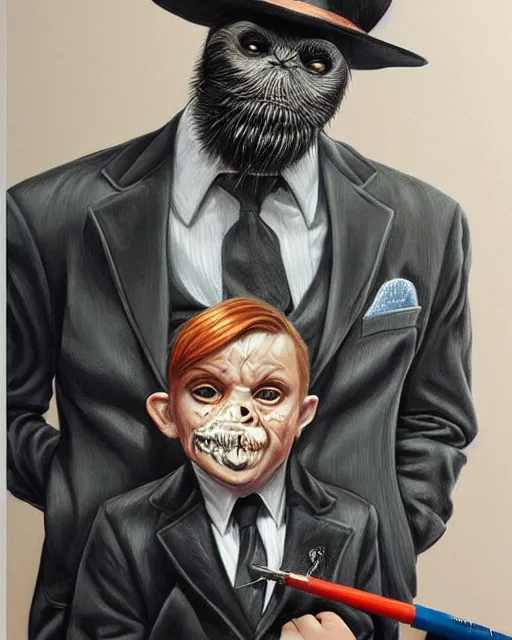 Image similar to portrait of a 7 year old child crime boss, gritty, wearing a suit, smoking, very detailed eyes, hyperrealistic, very detailed painting by Glenn Fabry, by Joao Ruas, by Artgerm