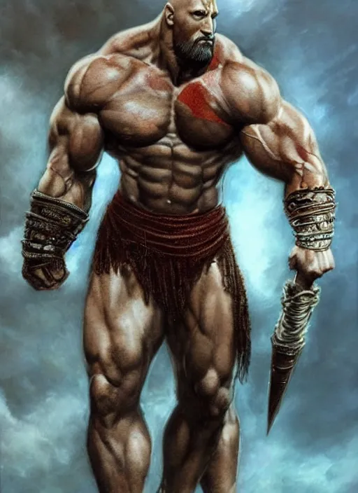 Image similar to a highly detailed beautiful portrait of dwayne johnson kratos hybrid god of war, spartan warrior, olympian god, muscular!!, james gurney, frank frazetta, boris vallejo, octane, fantasy