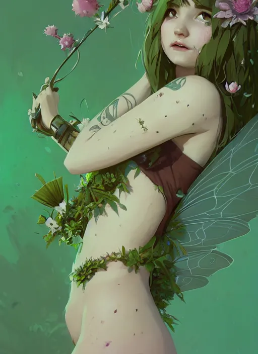 Image similar to portrait of cute fairy girl with crown of flowers in plants bikini covered with celtic rune tattoos, fantasy, by atey ghailan, by greg rutkowski, by greg tocchini, by james gilleard, by joe gb fenton, by in kaethe butcher, dynamic lighting, gradient light green, brown, blonde cream and white color in scheme, grunge aesthetic