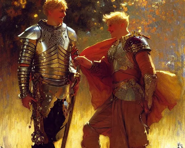 Image similar to arthur pendragon flirting wit his knight. highly detailed painting by gaston bussiere, craig mullins, j. c. leyendecker