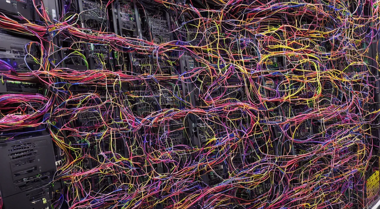 Image similar to broken corrupted server rack computer crypto mining data center servers equipment red, magenta, orange, yellow, pink, purple color coded wires and cables, blinking led status lights and indicators, chaotic 5 5 mm photography detailed footage