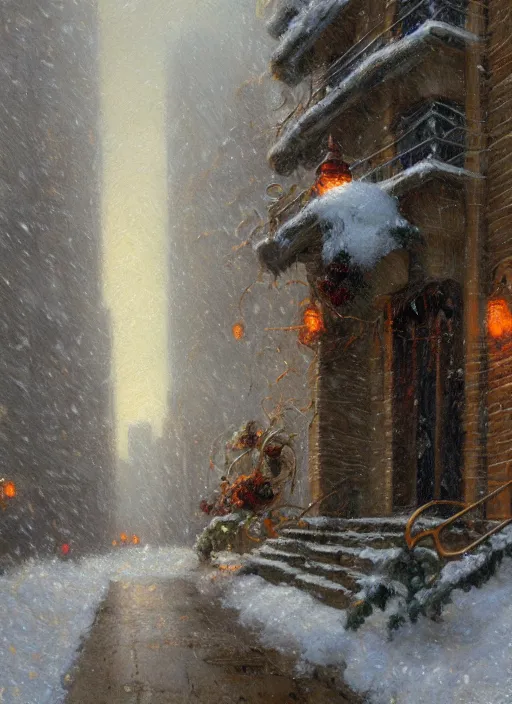 Prompt: new york apartment building in winter, close up of wreath on door, snow, artwork by gaston bussiere, craig mullins, trending on artstation