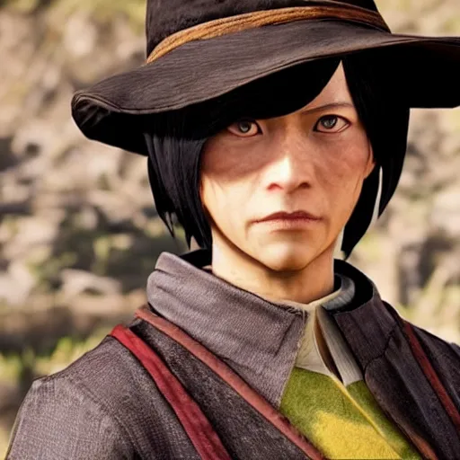 Image similar to toph beifong in red dead redemption 2, blind, character render, full body shot, highly detailed, in game render