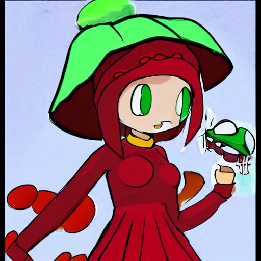 Image similar to concept art for a turtle girl with red cap, anime 2d platformer