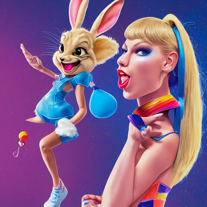 Image similar to portrait of Taylor Swift as Lola Bunny in Space Jam 1996. bunny ears. HD. intricate abstract. intricate artwork. by Tooth Wu, wlop, beeple, dan mumford. octane render, trending on artstation, greg rutkowski very coherent symmetrical artwork. cinematic, hyper realism, high detail, octane render, 8k, iridescent accents