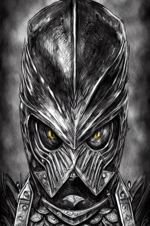 Image similar to armoured warrior, long beak, crows feet, symmetrical, highly detailed, digital art, crow themed armour, sharp focus, trending on art station, kentaro miura manga art style