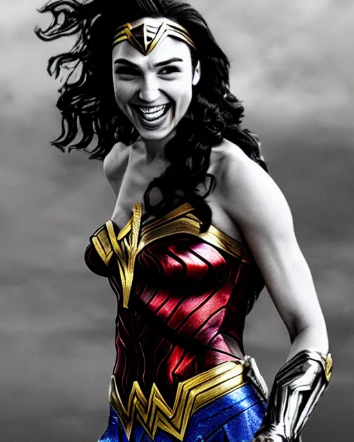 Image similar to gal gadot as she crinkles her nose while laughing, dressed as wonder woman, photorealistic, black and white photography, hdr color, hyperreal