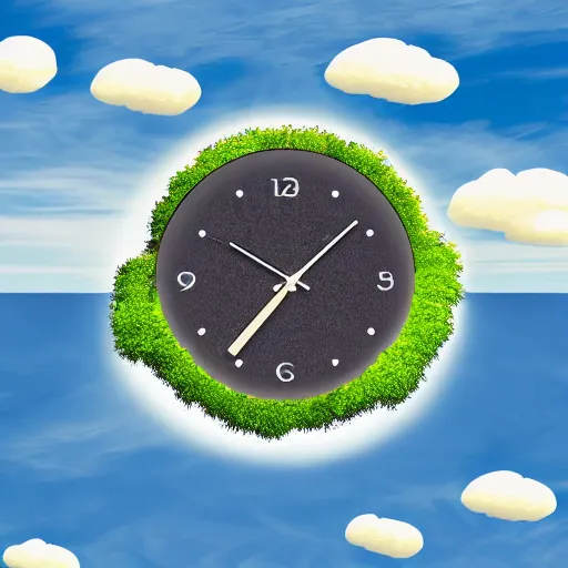 Image similar to a clock floating on an floating island, there are clouds around, it is on earth, on the background there are other floating islands too, floating at the ozone layer, cartoony, 4 k resolution, award winning