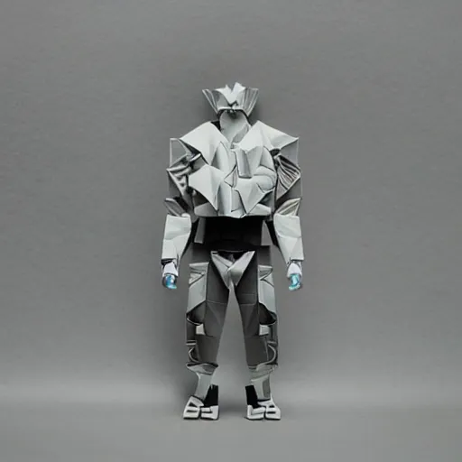 Prompt: an origami cyborg, incredibly detailed, textured paper, akira yoshizawa