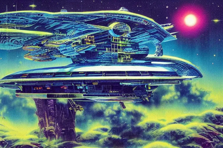 Prompt: elegant spaceship cruising between plants, fluid, smooth, bright saturated colours, high contrast, sharpness, very detailed, intricate, by angus mckie, colin hay, stewart cowley, john berkey