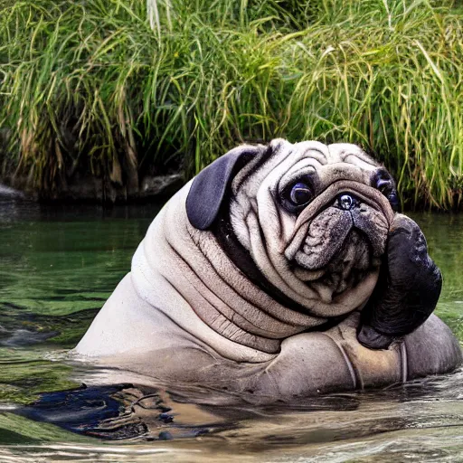 Image similar to a Manatee-Pug Hybrid, A Manatee that looks like a pug, huge tusks, afternoon hangout, good times photograph, candid