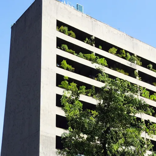 Prompt: a tall brutalist building with foliage growing up the sides