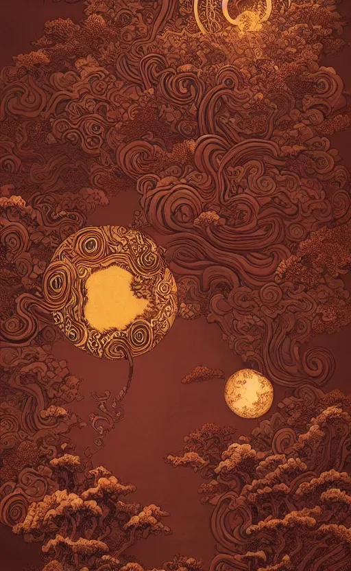 Prompt: masterpiece dark red paper with intricate designs, tarot card, a mandelbulb fractal southeast asian diety statue, full of golden layers, flowers, clouds, vines, mushrooms, swirls, curls, wave by Hokusai and Mike Mignola, trending on artstation, elaborate illustration, beautiful hands close to a candle in dark room, cinematic, powerful, moon beams dramatic light, highly, intricate elements, detailed, digital painting, artstation, concept art, sharp focus, illustration, art by artgerm