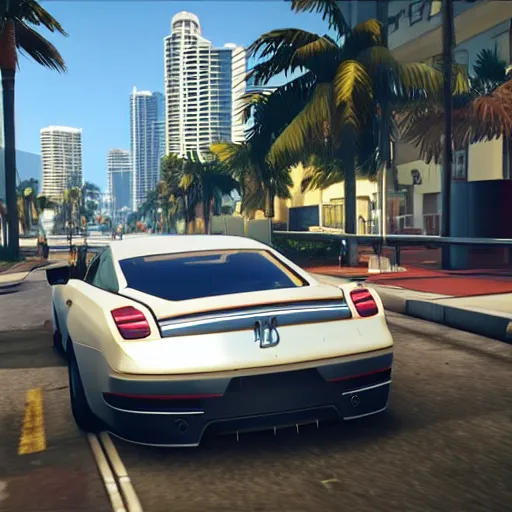 Prompt: screenshot of gameplay of grand theft auto 6 set in miami, raytracing, beautiful, unreal engine