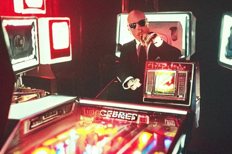 Prompt: pitbull using a computer while trapped in a pinball machine, in 1 9 8 5, y 2 k cybercore, industrial low - light photography, still from a kiyoshi kurosawa movie