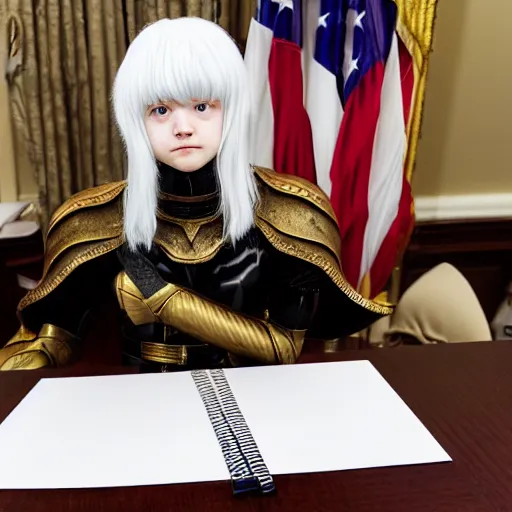 Image similar to a person cosplaying griffith from berserk by kentaro miura sitting at white house desk with american flag at his side