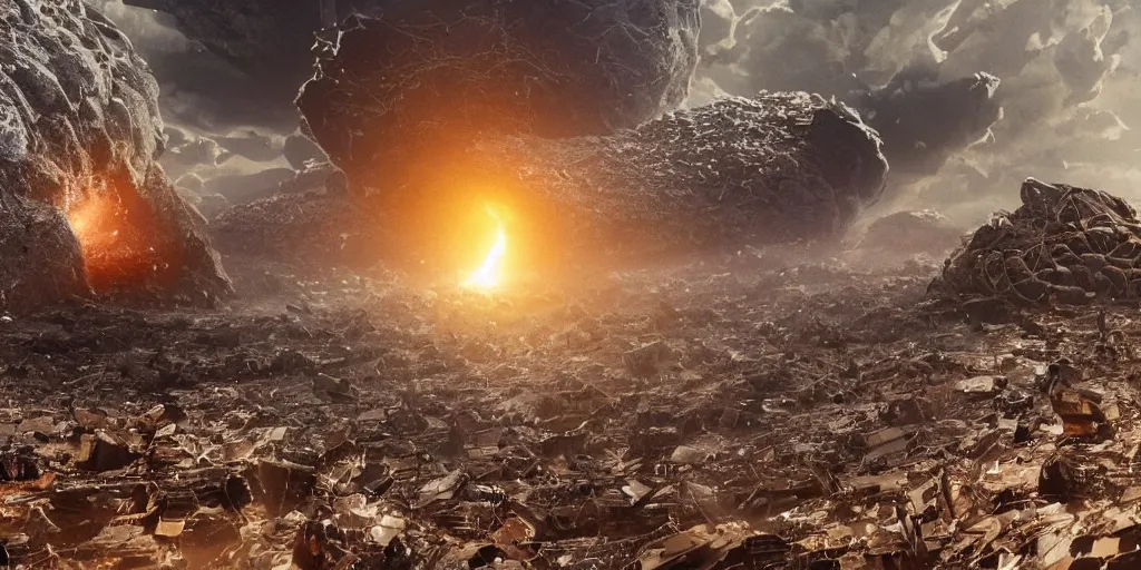 Prompt: shot from a distance of 2 5 0 million miles. a highly accurate depiction of earth slowly broken open, exploding, and pieces are floating apart. the earth is being attacked by an unbelievably huge sentient space florida crab descendants. dramatic lighting, highly coherent, highly detailed, epic, digital art, valerian, silent running, fifth element, octane 3 d render.