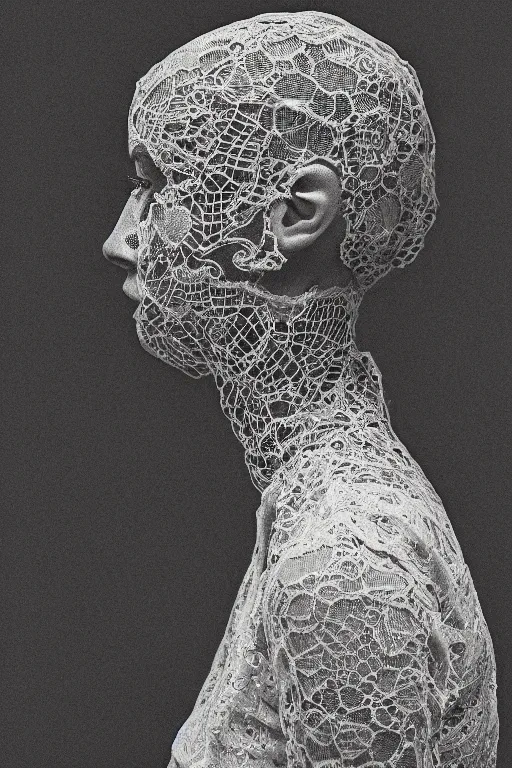 Image similar to a woman's face in profile, made of intricate lace skeleton, in the style of the dutch masters and gregory crewdson, dark and moody