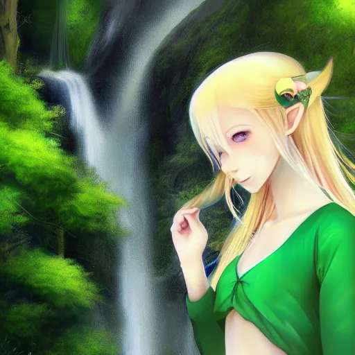 Image similar to beautiful young blonde-haired elf woman tucking her hair behind her ear and wearing a green dress in front of a waterfall, anime art, very very very very beautiful, 4k