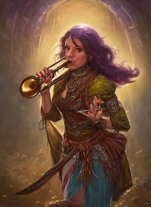 Prompt: female bard playing trumpet, ultra detailed fantasy, dndbeyond, bright, colourful, realistic, dnd character portrait, full body, pathfinder, pinterest, art by ralph horsley, dnd, rpg, lotr game design fanart by concept art, behance hd, artstation, deviantart, hdr render in unreal engine 5