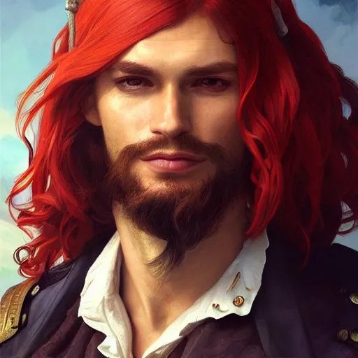 Prompt: portrait of a young pirate captain, male, masculine, handsome, upper body, red hair, long hair, cheerful, D&D, fantasy, intricate, elegant, highly detailed, digital painting, artstation, concept art, sensual, matte, sharp focus, illustration, art by Artgerm and Greg Rutkowski and Alphonse Mucha