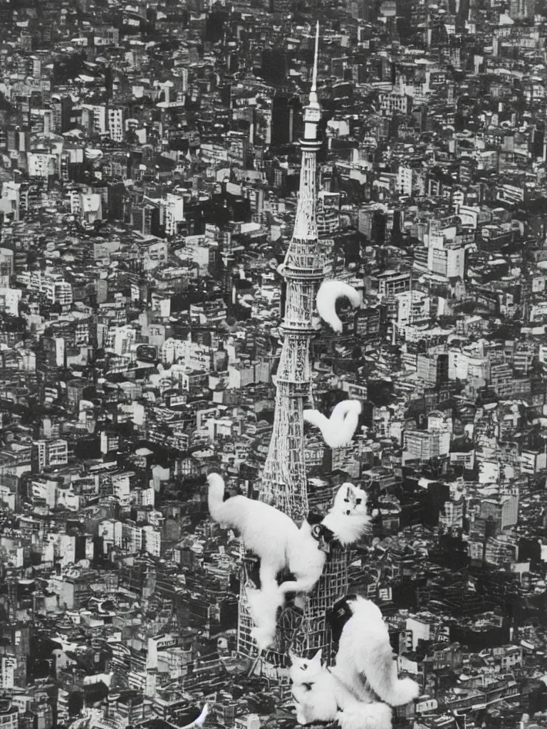 Image similar to full - color 1 9 6 0 s photo of an enormous cute calico - cat as a kaiju climbing up tokyo tower, in minato ward. in the style of a toho movie ; highly - detailed ; cinematic.