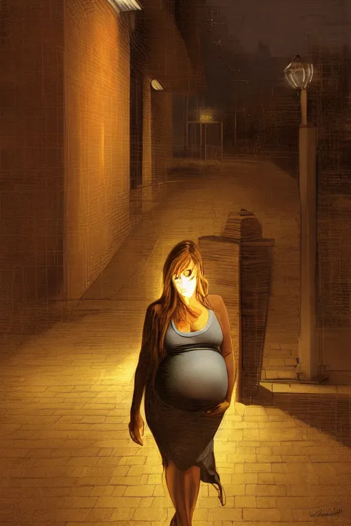 Prompt: pregnant woman under street light, highly detailed, sharp focused, ultra realistic digital concept art by Garth Laidlaw