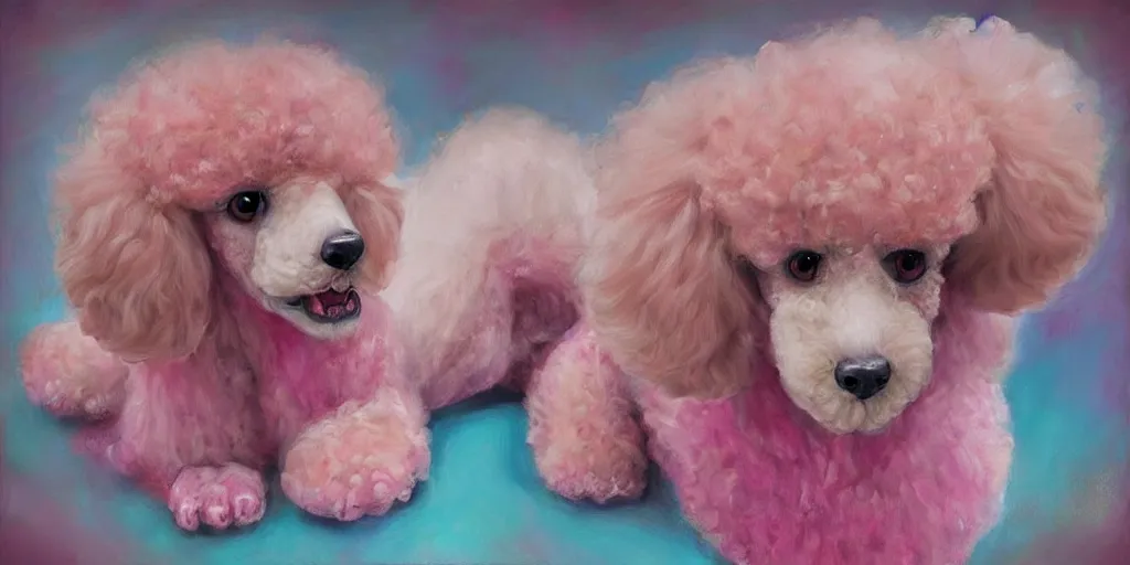 Image similar to realistic poodle/ice cream hybrid, cherry ice cream, pink and blue, soft colors, realism, romanticism, oil painting, digital art, trending, World of Warcraft, monster, Final Fantasy, hand painted, adoptable, cinematic