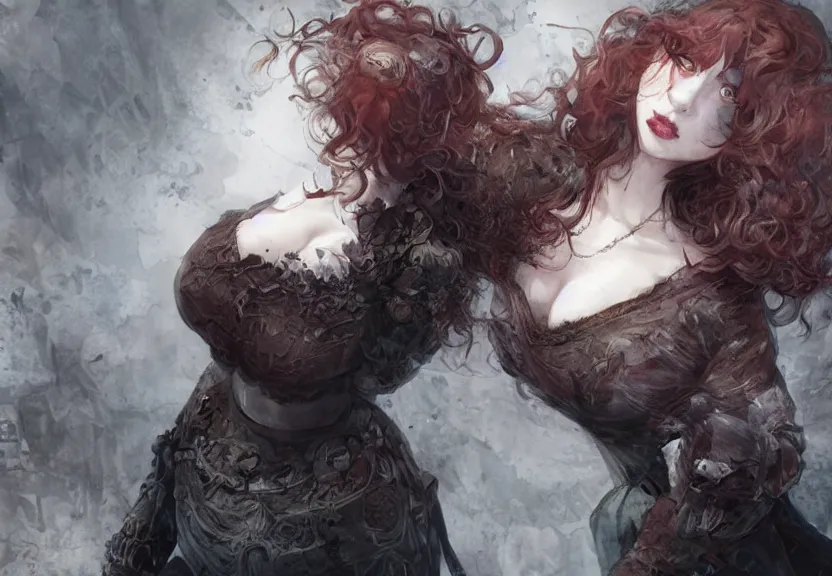 Image similar to christina hendricks!!!!! goth!!!!!, tankoban, 4 k, tone mapping, akihiko yoshida, james jean andrei riabovitchev marc simonetti, yoshitaka amano, long hair, curly, h. hydrochaeri