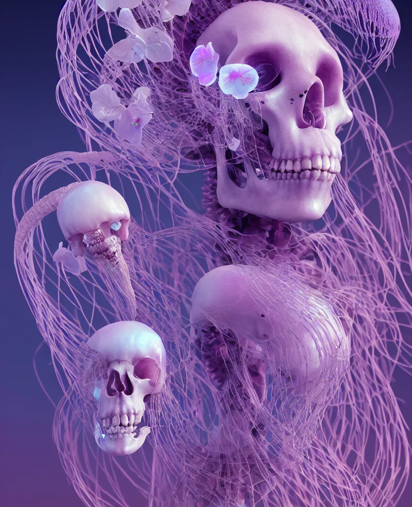 Image similar to goddess close-up portrait human skeleton, ram skull, jellyfish, orchid, betta fish, bioluminiscent, intricate artwork by Tooth Wu and wlop and beeple. octane render, trending on artstation, greg rutkowski very coherent symmetrical artwork. cinematic, hyper realism, high detail, octane render, 8k