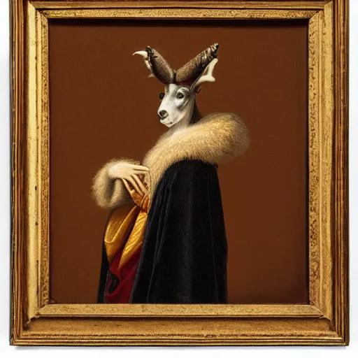 Image similar to renaissance style portrait of an alpine chamois wearing a crown and a cape, dark background