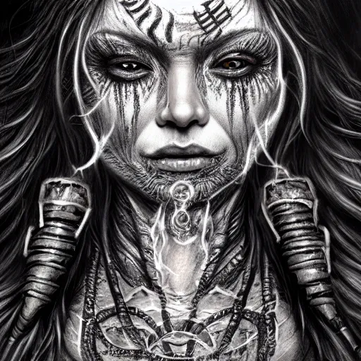 Image similar to Closeup of realistic asian Sumerian Death Goddess chalk skin etched with runic icons + mystical symbols, with small bleached bones covering vest and flowing electricity and smoke , fantasy, intricate, elegant, highly detailed, digital painting, artstation, concept art, matte, sharp focus, illustration, ghostbusters poster, art by Artgerm and peter mordenbacher