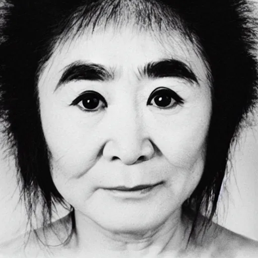 Image similar to photo of yoko ono in 1 9 7 4 with dyed purple hair, face tattoos, and face peircings