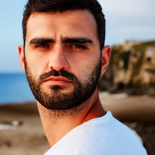 Image similar to real life photo of a Greek man, short dark hair, clean shaven, blue watery eyes, full round face, short smile, serene coastal setting, cinematic lightning, medium shot, mid-shot, highly detailed, photorealistic, 80mm, 85mm, cinematic wallpaper