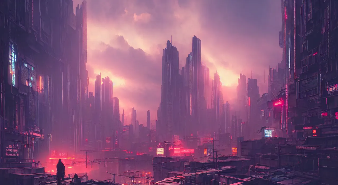 Prompt: cyberpunk city scene, art by hasui kawase, misty, red sky, gorgeous clouds, god rays, fantasy art, octane render, ureal engine, high detail, alphonse mucha, greg rutkowski, james gurney, johannes voss