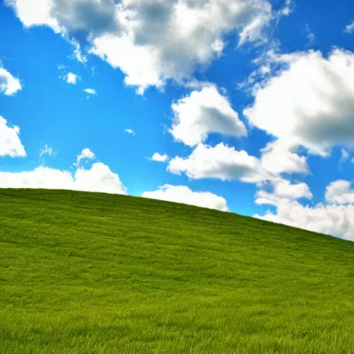 Prompt: bliss windows xp screensaver with many broken dilapidated old computers graveyard, wide angle lens