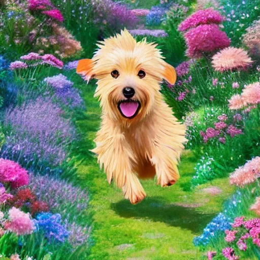 Image similar to A blond Norfolk terrier running and jumping through a field of beautiful flowers in the style of Studio Ghibli, anime, very happy, detailed, award winning