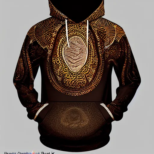 Prompt: batik, hoodie, dark brown, trendsetter, fashion of the year, fiction, stability, intricate, elegant, 8 k, uhd, justify, artstation, concept art, matte, sharp focus, illustration, consistent, highly detailed object content, proportional object content