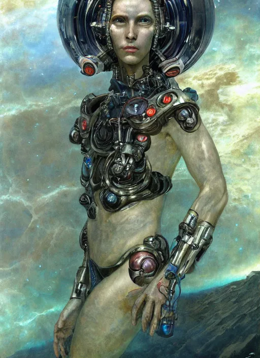 Image similar to biblical cyborg girl, glowing veins subsurface scattering, deep sea of planet jupiter, underwater photography, by gerald brom, by mikhail vrubel, by peter elson, muted colors, extreme detail, trending on artstation, 8 k