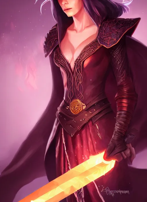 Prompt: portrait of a mix between wizard and rogue, female, shiny fire spell and dagger, leather robes, high fantasy, dnd, face details, extremely detailed, smooth, sharp focus, digital illustration, by artgem, rossdraws, sakimichan