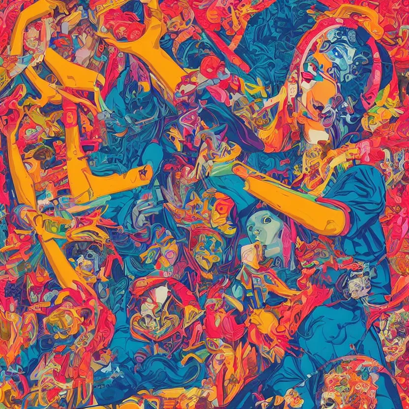 Image similar to album cover design in beautiful bright colors by tristan eaton and james jean